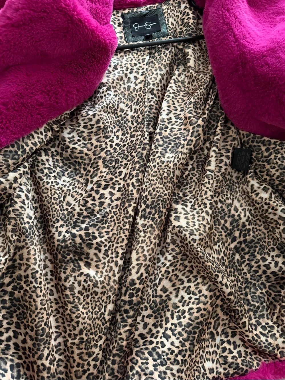 Betsey Johnson Fuchsia Plush Pea Coat with Leopard Lining